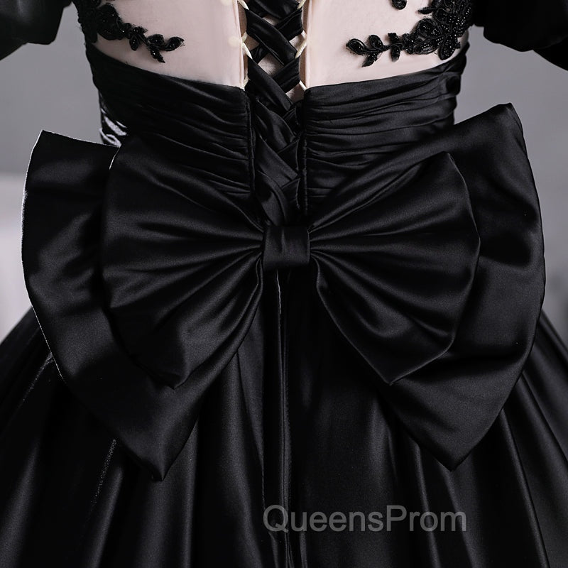 Black Satin A-line Floor Length Long Party Dress with Lace, Black Long Evening Dress