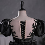 Black Satin A-line Floor Length Long Party Dress with Lace, Black Long Evening Dress