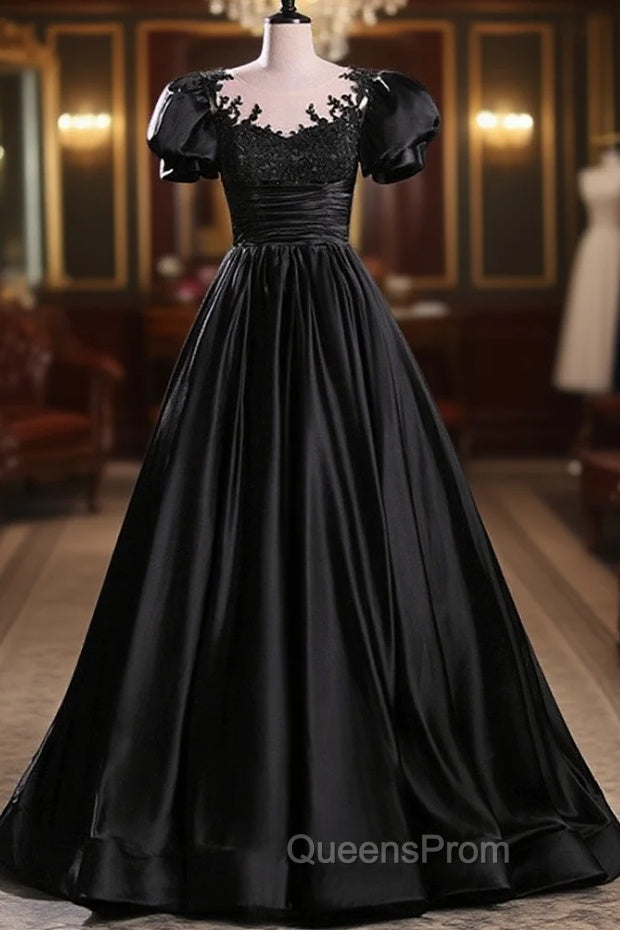 Black Satin A-line Floor Length Long Party Dress with Lace, Black Long Evening Dress Main image