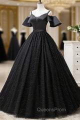 Black Satin and Tulle Ball Gown Off Shoulder Evening Dress Party Gown, Black Long Evening Dress