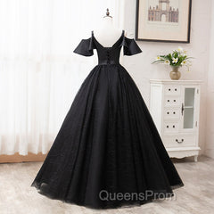Black Satin and Tulle Ball Gown Off Shoulder Evening Dress Party Gown, Black Long Evening Dress