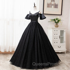 Black Satin and Tulle Ball Gown Off Shoulder Evening Dress Party Gown, Black Long Evening Dress