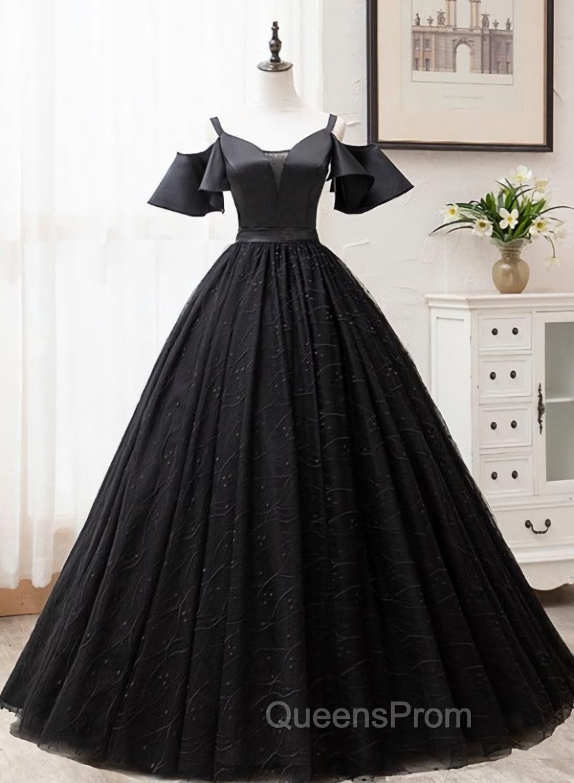 Black Satin and Tulle Ball Gown Off Shoulder Evening Dress Party Gown, Black Long Evening Dress Main image
