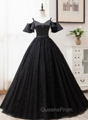 Black Satin and Tulle Ball Gown Off Shoulder Evening Dress Party Gown, Black Long Evening Dress