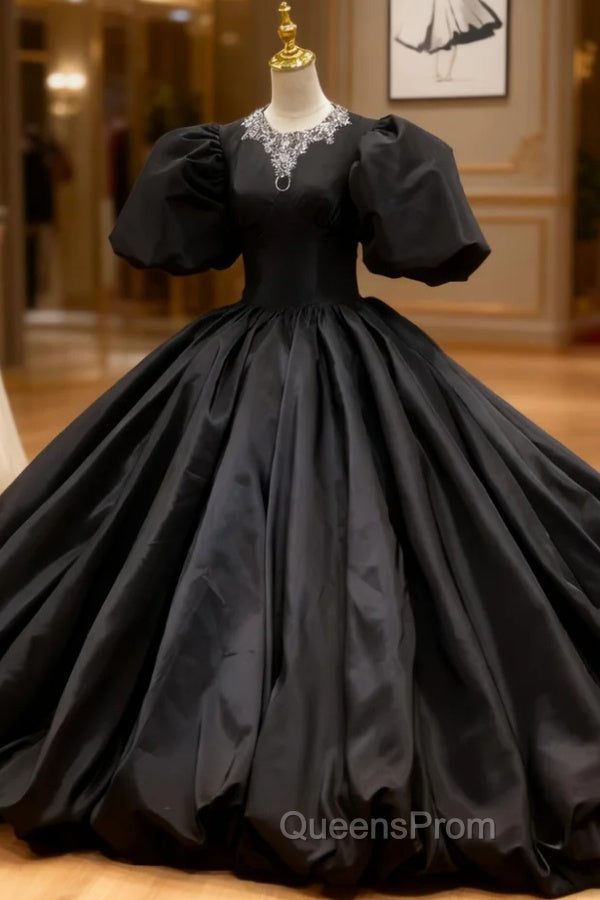 Black Satin Ball Gown Puff Sleeve Evening Prom Dress Main image