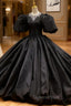 Black Satin Ball Gown Puff Sleeve Evening Prom Dress