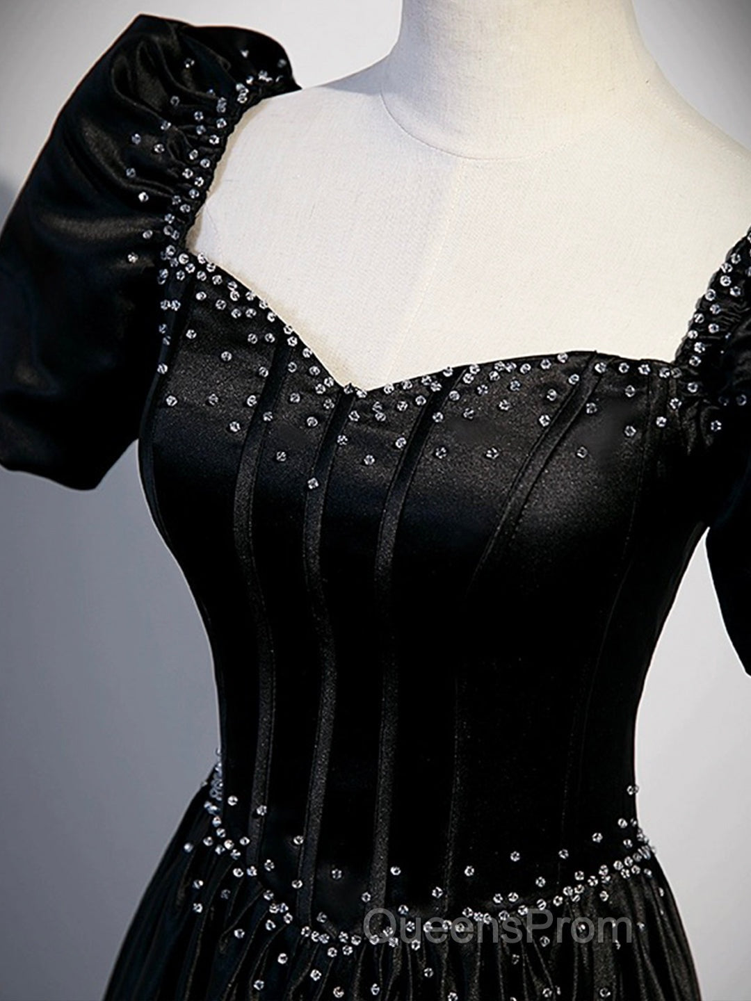 Black Satin Beaded Floor Length Evening Prom Dress, Black A-Line Short Sleeve Evening Dress Secondary image