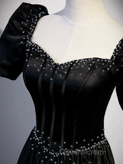Black Satin Beaded Floor Length Evening Prom Dress, Black A-Line Short Sleeve Evening Dress