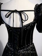 Black Satin Beaded Floor Length Evening Prom Dress, Black A-Line Short Sleeve Evening Dress