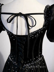 Black Satin Beaded Floor Length Evening Prom Dress, Black A-Line Short Sleeve Evening Dress