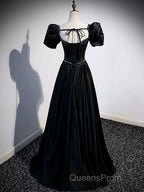 Black Satin Beaded Floor Length Evening Prom Dress, Black A-Line Short Sleeve Evening Dress