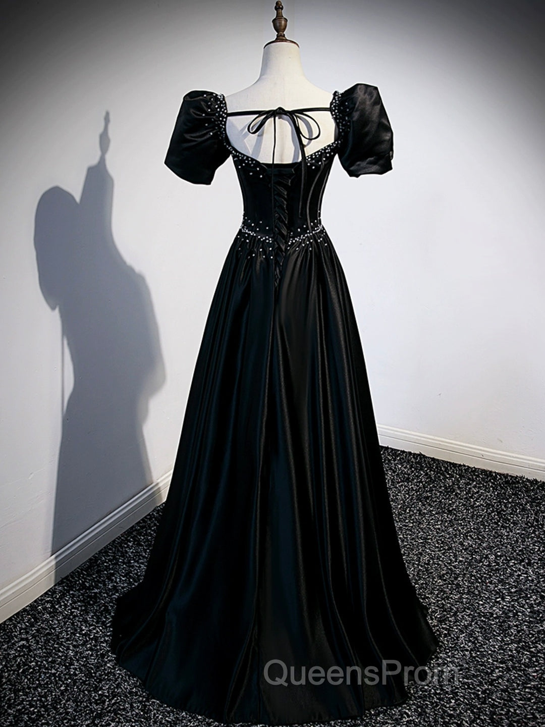 Black Satin Beaded Floor Length Evening Prom Dress, Black A-Line Short Sleeve Evening Dress