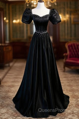 Black Satin Beaded Floor Length Evening Prom Dress, Black A-Line Short Sleeve Evening Dress