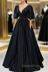 Black Satin Deep V-neckline Long Evening Dress, Black Evening Dress Evening Prom Dress