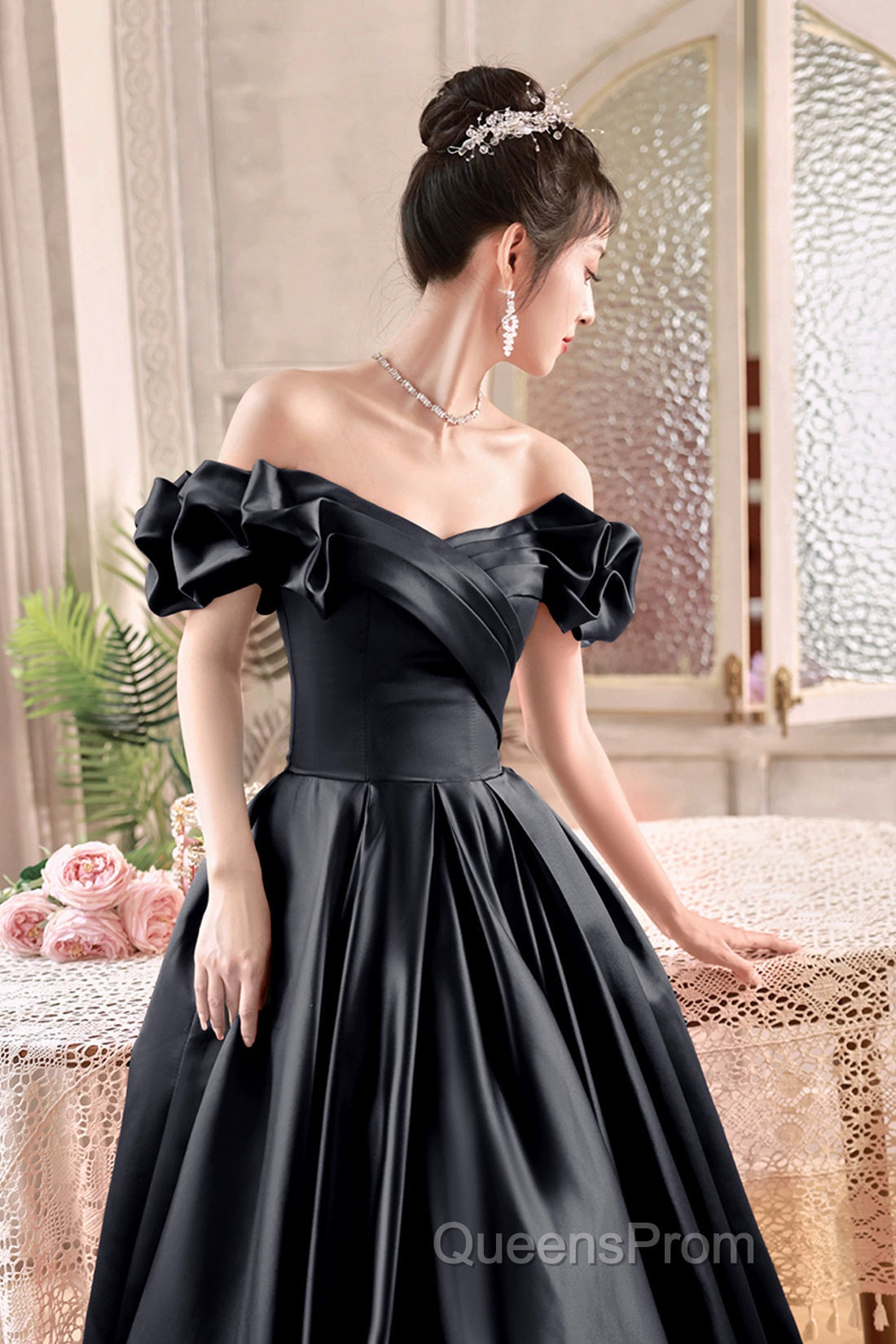 Black Satin Floor Length A-Line Evening Prom Dress, Off The Shoulder Evening Party Dress Secondary image