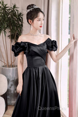 Black Satin Floor Length A-Line Evening Prom Dress, Off The Shoulder Evening Party Dress