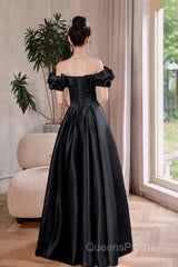 Black Satin Floor Length A-Line Evening Prom Dress, Off The Shoulder Evening Party Dress