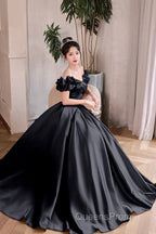 Black Satin Floor Length A-Line Evening Prom Dress, Off The Shoulder Evening Party Dress