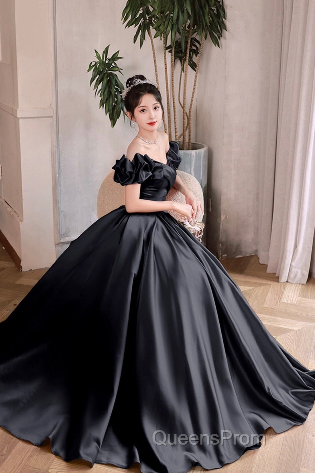 Black Satin Floor Length A-Line Evening Prom Dress, Off The Shoulder Evening Party Dress