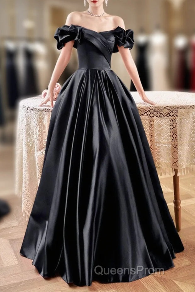 Black Satin Floor Length A-Line Evening Prom Dress, Off The Shoulder Evening Party Dress Main image