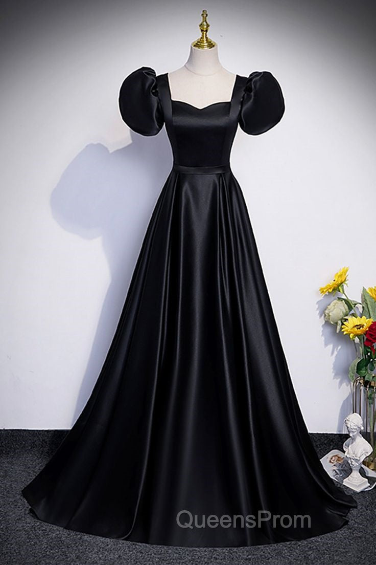 Black Satin Floor Length Evening Prom Dress, Simple Black Short Sleeve Evening Dress Secondary image