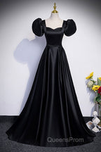 Black Satin Floor Length Evening Prom Dress, Simple Black Short Sleeve Evening Dress