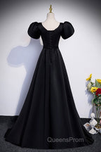 Black Satin Floor Length Evening Prom Dress, Simple Black Short Sleeve Evening Dress