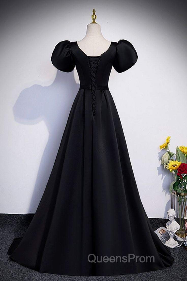 Black Satin Floor Length Evening Prom Dress, Simple Black Short Sleeve Evening Dress