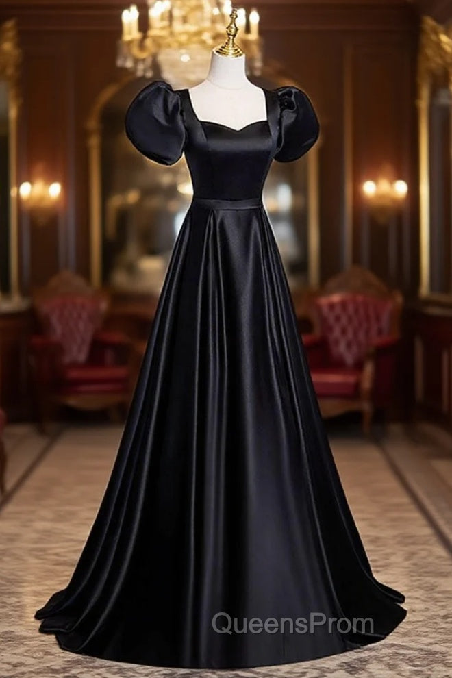 Black Satin Floor Length Evening Prom Dress, Simple Black Short Sleeve Evening Dress Main image