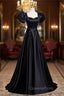 Black Satin Floor Length Evening Prom Dress, Simple Black Short Sleeve Evening Dress