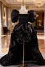 Black Satin  Square Puff Sleeve Evening Prom Dress