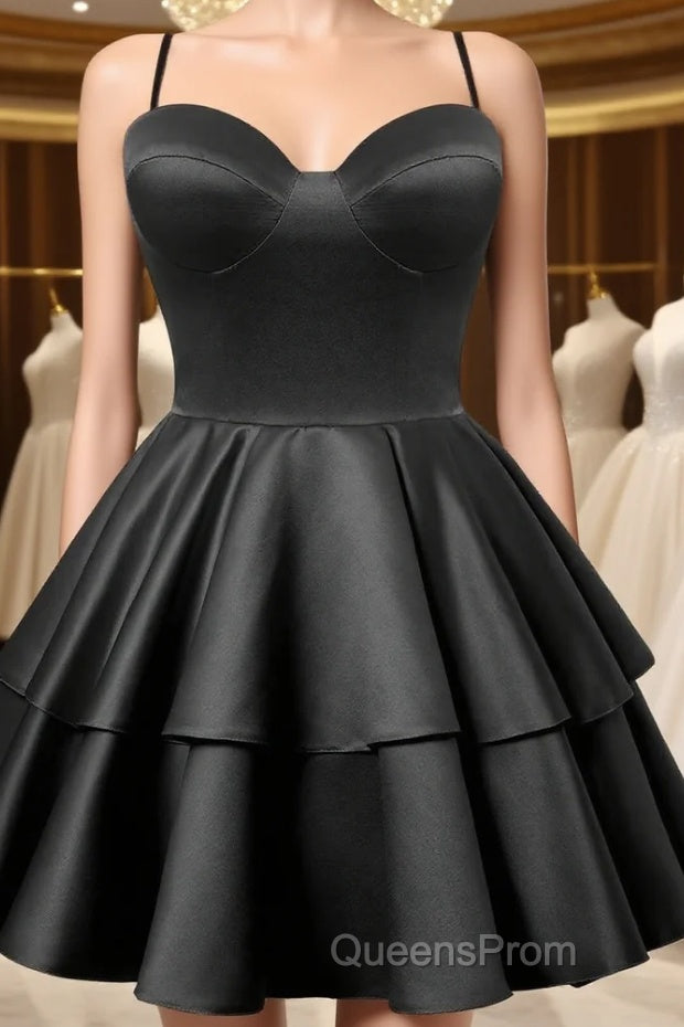 Black Satin Homecoming Dress Sweetheart Neck Tiered Short Graduation Dress Main image