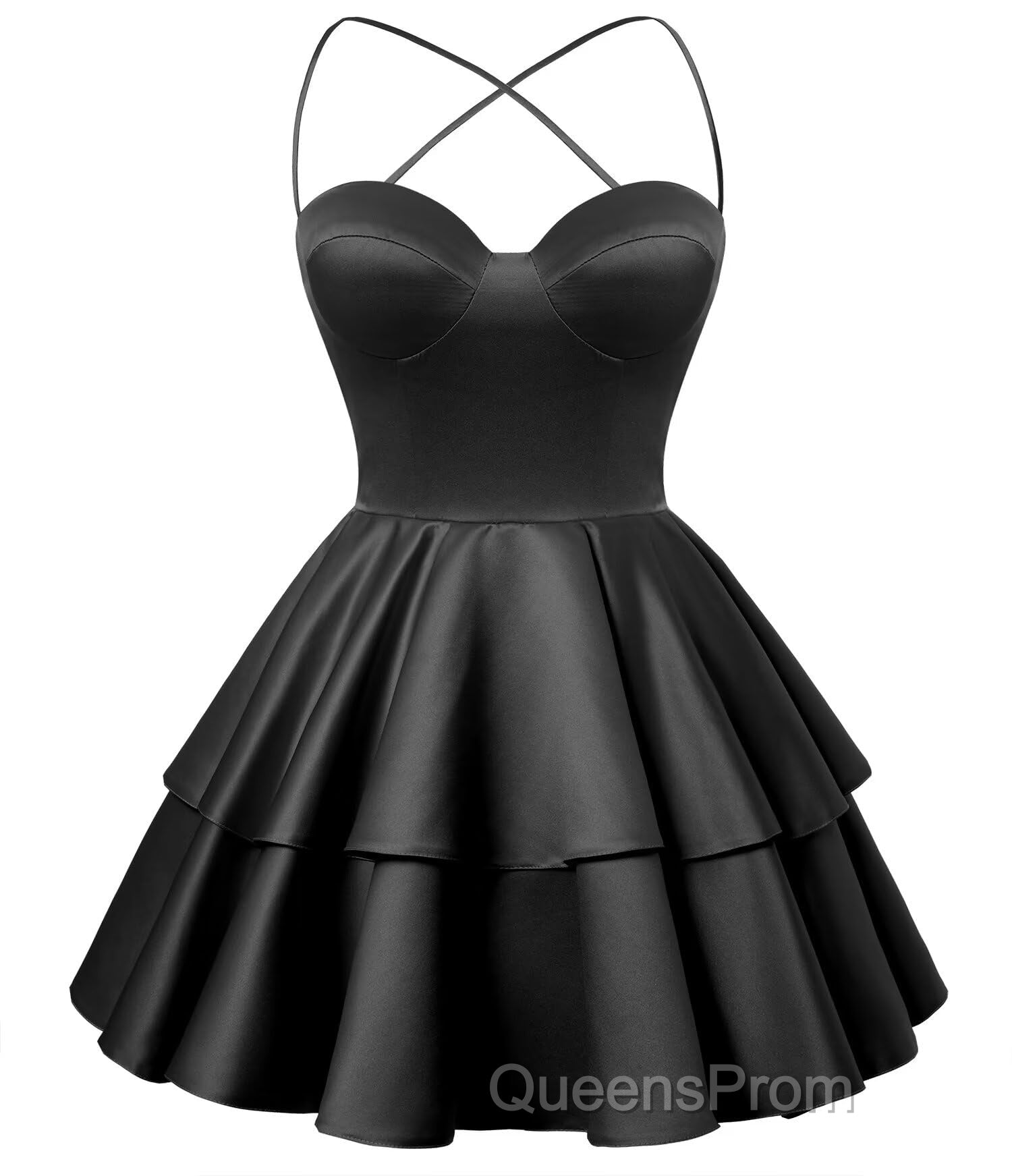 Black Satin Homecoming Dress Sweetheart Neck Tiered Short Graduation Dress Secondary image