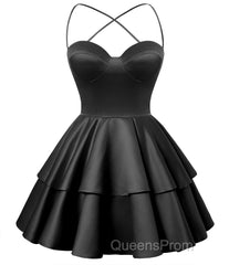 Black Satin Homecoming Dress Sweetheart Neck Tiered Short Graduation Dress