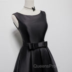 Black Satin Knee Length Round Neckline Party Dress, Black Short Evening Prom Dress