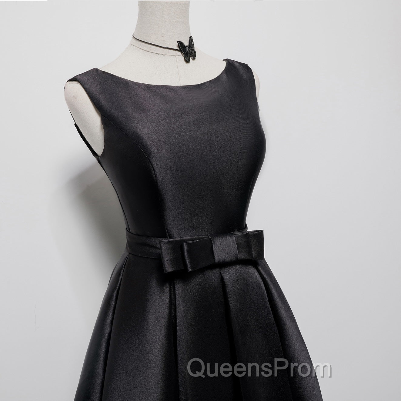 Black Satin Knee Length Round Neckline Party Dress, Black Short Evening Prom Dress