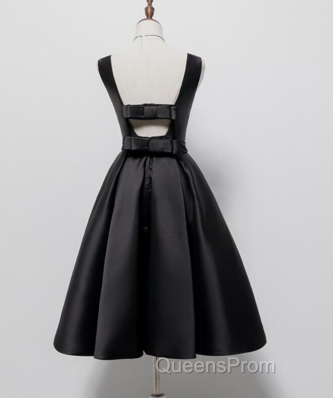Black Satin Knee Length Round Neckline Party Dress, Black Short Evening Prom Dress Secondary image