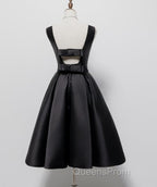 Black Satin Knee Length Round Neckline Party Dress, Black Short Evening Prom Dress