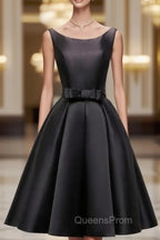 Black Satin Knee Length Round Neckline Party Dress, Black Short Evening Prom Dress