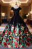 Black Satin Lace Top Print Cap Sleeve Quinceanera Dress