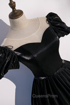 Black Satin Long Evening Prom Dress, Black A-Line Short Sleeve Evening Dress