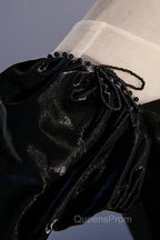 Black Satin Long Evening Prom Dress, Black A-Line Short Sleeve Evening Dress