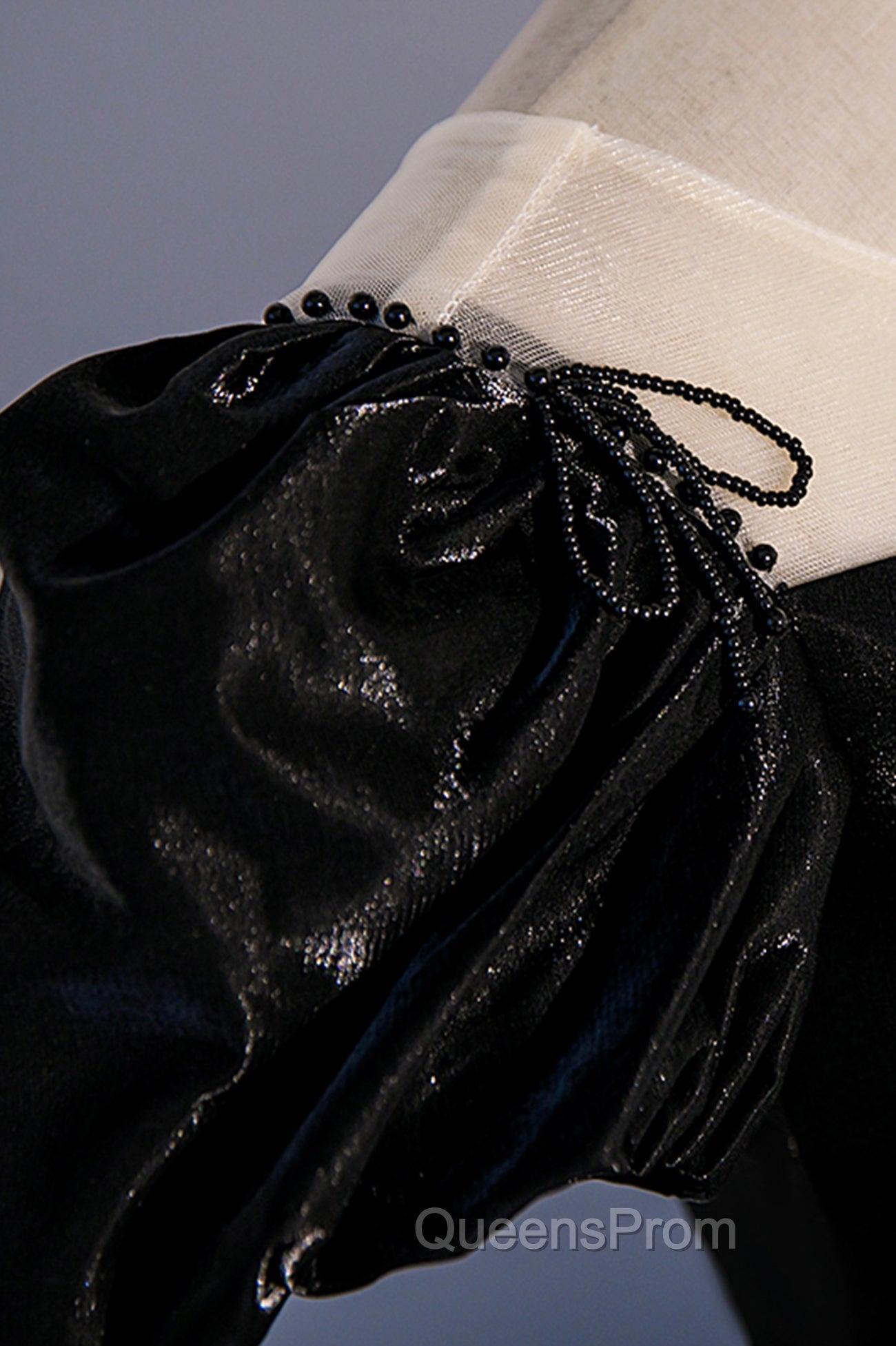 Black Satin Long Evening Prom Dress, Black A-Line Short Sleeve Evening Dress