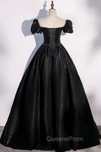 Black Satin Long Evening Prom Dress, Black A-Line Short Sleeve Evening Dress