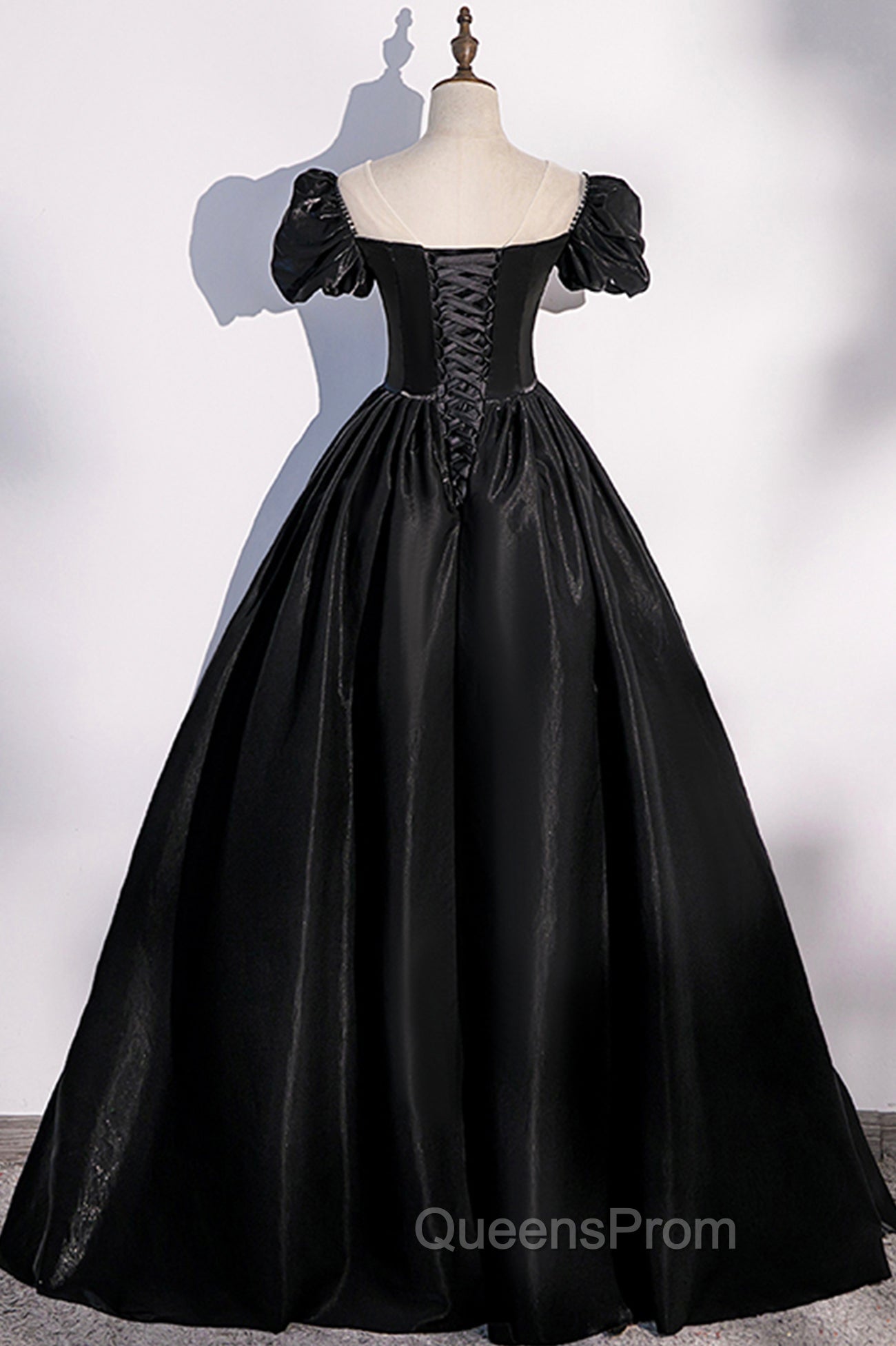 Black Satin Long Evening Prom Dress, Black A-Line Short Sleeve Evening Dress