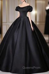 Black Satin Long Evening Prom Dress, Black Long Evening Sweet 16 Dress