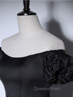 Black Satin Long Evening Prom Dress, Black Long Evening Sweet 16 Dress