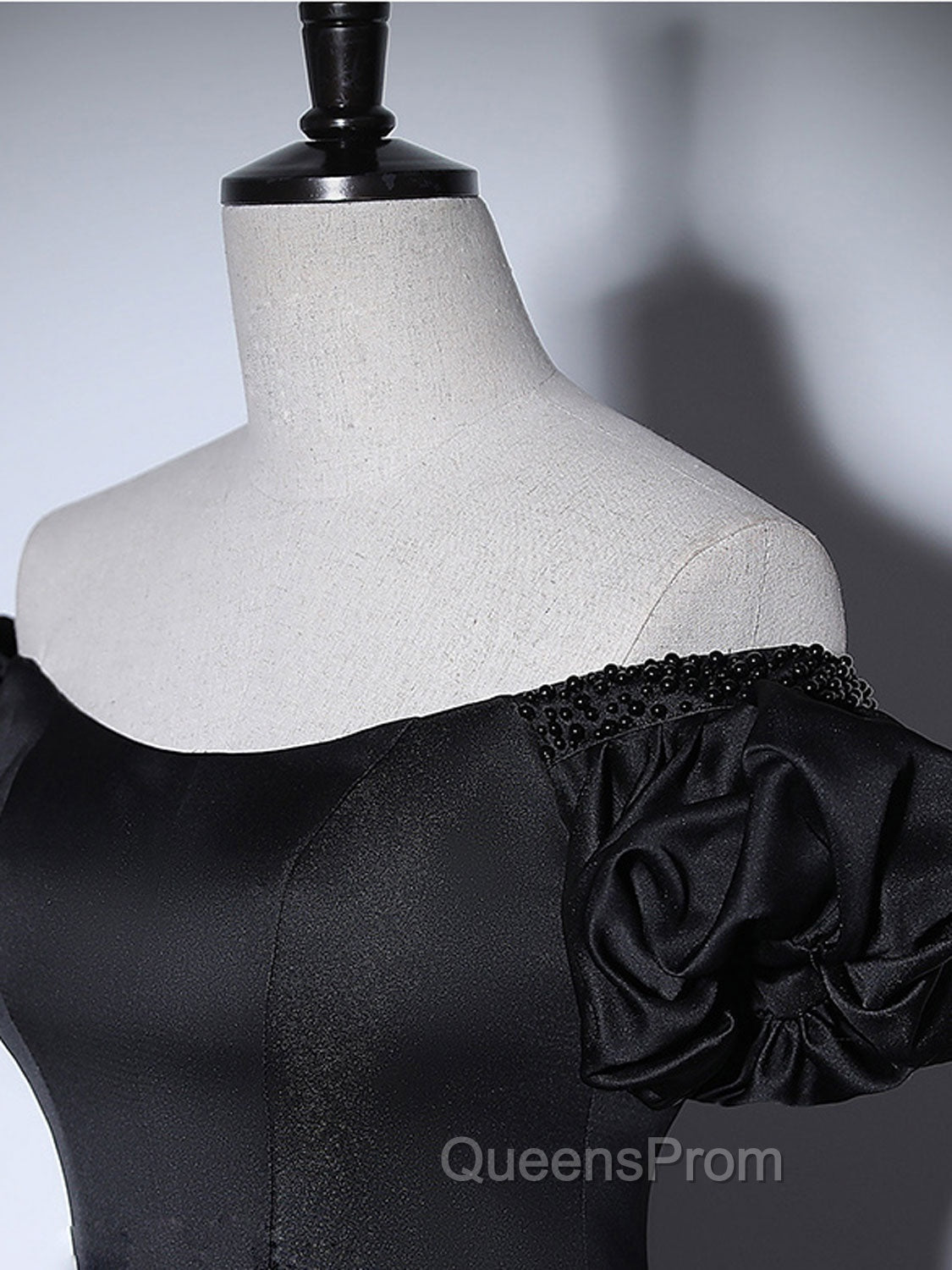 Black Satin Long Evening Prom Dress, Black Long Evening Sweet 16 Dress