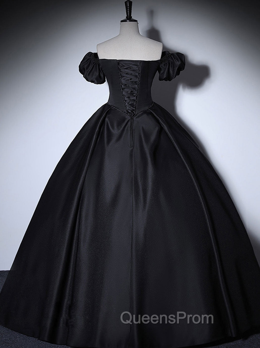 Black Satin Long Evening Prom Dress, Black Long Evening Sweet 16 Dress
