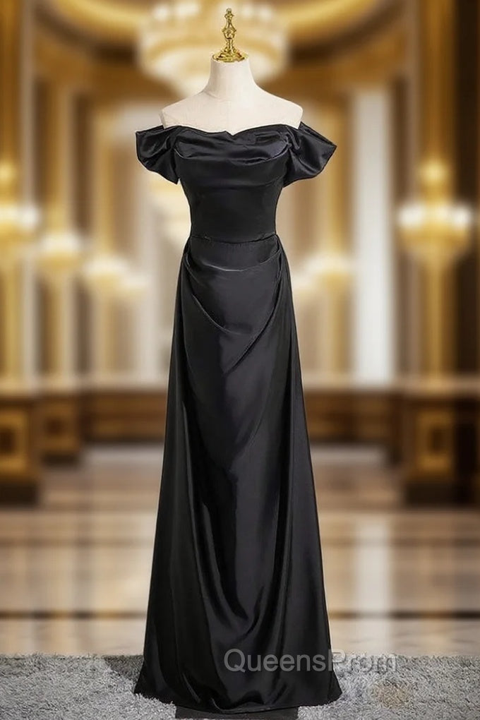 Black Satin Off the Shoulder Pleats Evening Prom Dress